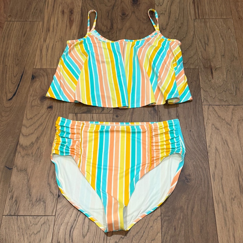 Matilda Jane Womens XXL Striped Flounce Bikini Set High Waist Swimsuit NWT